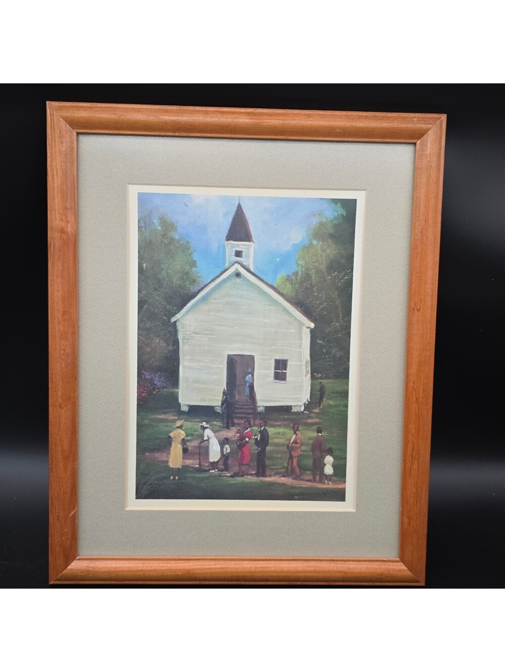 Vintage Ted Ellis "First Sunday" Matted & Framed Art Print Church Scene 13x16